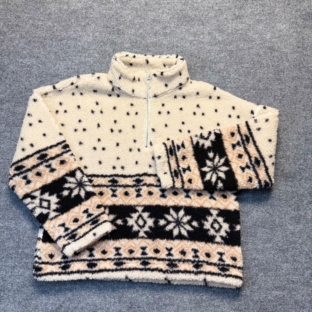 Love Tree‎ Faux Fur Jacket Juniors Large Brown Black Beige 1/2 Zip Pullover